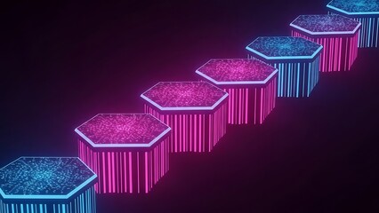 Neon hexagons in pink and blue hues with vertical lines on dark background purple