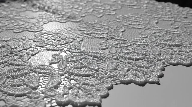 Intricate lace texture illuminated by soft light revealing delicate floral patterns