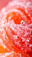 Close-up of a vibrant red sugary candy swirl with a small silver sprinkle on top, showcasing its sweet texture.