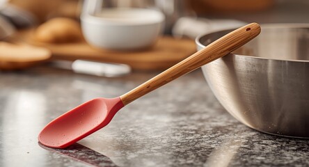 Culinary Still Life with Red Spatula and Steel Bowl, Kitchen Utensils, Preparation