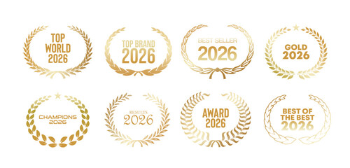 A best seller 2026 badge, isolated on white background. Laurel wreath, crown, and stars create a symbol of quality and success. Vector graphic for any design. best seller badge logo isolated . vector 