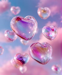 Floating iridescent glass hearts against a dreamy pastel sky, romantic surreal love concept with soft light and bokeh, perfect for Valentine&rsquo;s Day, weddings, fantasy design, and emotional storytelling