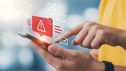 Person holding smartphone with warning email notification hand