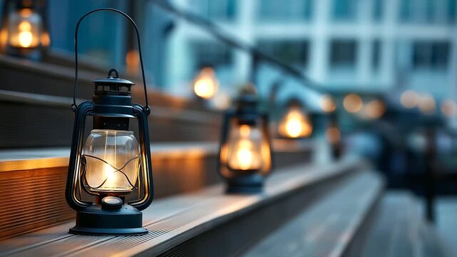 Elegant outdoor stage with wooden stairs faceless presentation venue defocused vintage lanterns at night background illuminated setup performances or events space atmospheric