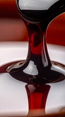 Close-up of thick, dark, reddish-brown liquid pouring and dripping, creating reflections on a light surface.