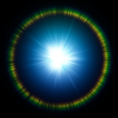Blue radiant sunlight with rainbow lens flare on black background