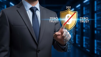 Businessman in suit interacting with digital shield and zero trust concept on finger cybersecurity