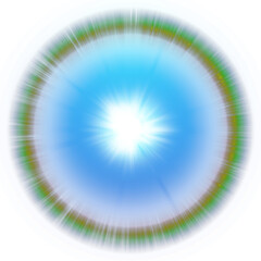Blue radiant energy sphere with rainbow lens flare isolated