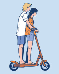 Hand-drawn illustration of a couple on an electric scooter.