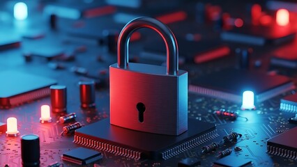 Closeup of a metallic padlock on a glowing circuit board with red and blue lights