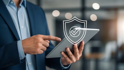 Businessman holding tablet with shield and checkmark on screen blue suit