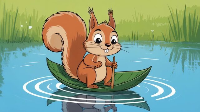 Brave squirrel cartoon rowing leaf boat across serene blue lake