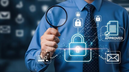 Man in blue shirt and tie holding magnifying glass with digital security