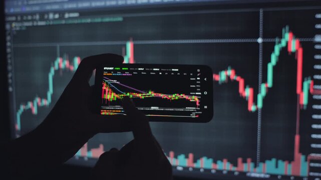 Hands hold a smartphone showing colorful candlestick charts and technical indicators in front of a larger market screen, conveying mobile trading, finance analysis, investing