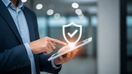 Person in business attire using a tablet with a glowing shield checkmark in an office setting