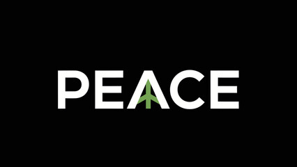 Obraz premium Bold white text spelling PEACE with a green peace symbol integrated into the design against a