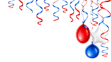 Patriotic red white blue balloons and ribbon streamers corner border with copy space isolated on transparent background