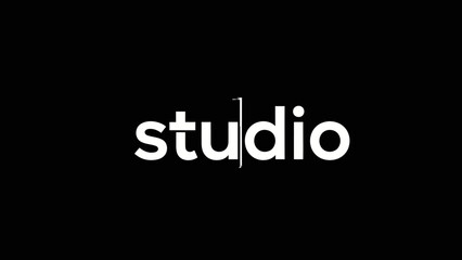 minimalist white typography spelling studio on a stark black background
