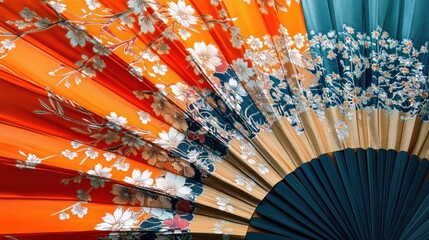Vibrant Japanese Fan with Floral Pattern