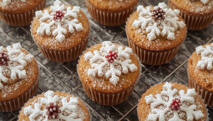 Golden Brown Delights. A Symphony of Snowflake Adornments on a Metallic Grid.