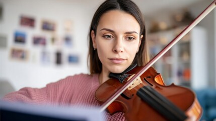 Woman practicing violin at home, focusing on learning classical music and developing musical skill