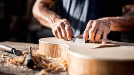 Artisan hands crafting a musical guitar in a natural light workshop, shaping wood with focus and precision