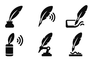 Naklejka premium Feather Vibration Tools Icons. Solid style icons of feather vibration tools: quill resonator, frequency feather, wave transmitter,