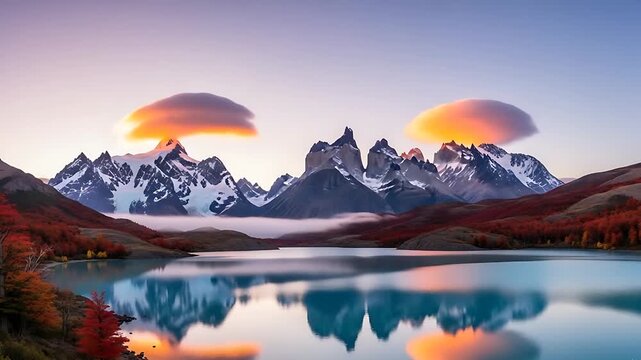alpine mountain lake reflection at sunset with autumn colors and snow peaks