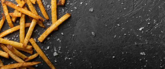 Golden Fries on a Textured Slate Surface with Scattered Crystalline Particles.