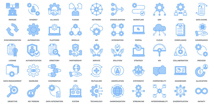 Business Integration icon set. Containing merger, synergy, alliance, network, workflow, ERP, CRM icon. Lineal Blue style