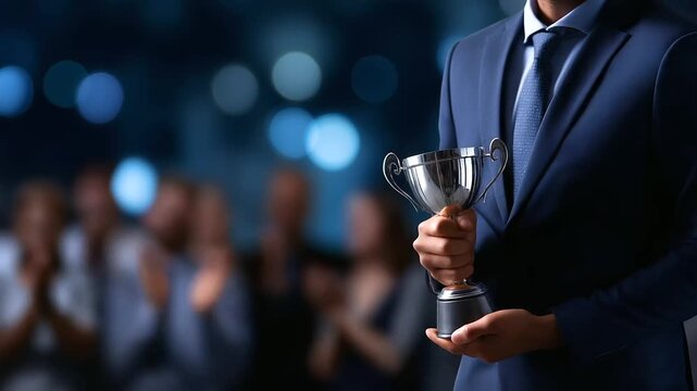 Faceless elegant man in suit holding trophy defocused cheering audience background award ceremony celebration business achievement corporate recognition success moment victor