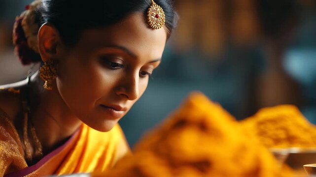 Faceless Indian bride in haldi ceremony defocused traditional celebration background cultural wedding ritual pre marriage tradition turmeric ceremony ethnic celebration