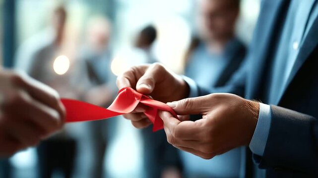 Faceless ribbon cutting ceremony for new startup defocused business launch background grand opening celebration entrepreneurship beginning inaugural event company commencement