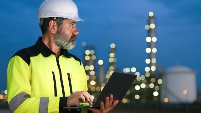 Professional male petrochemical industry engineer working on laptop computer inspection petroleum oil refinery plant construction site at night. Industrial engineer technician maintaining energy power