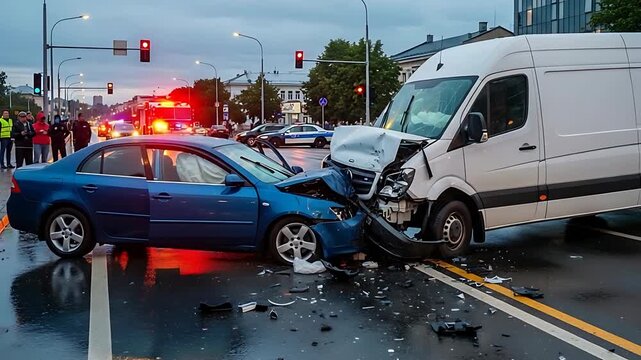 blue sedan crash at urban intersection with van and emergency responders