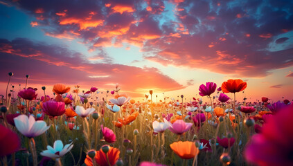 colorful wildflower field under sunset sky
