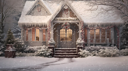 charming christmas cottage in a winter snowfall