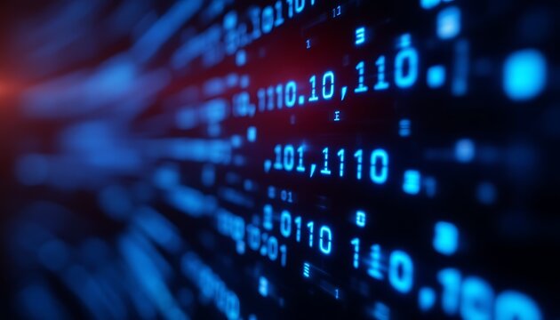 A blue binary code background represents a digital network concept featuring communication data on a screen for computer technology and internet security - Powered by Adobe