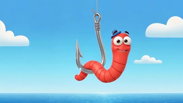 cartoon worm on fishing hook over ocean | playful sea scene