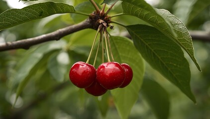 Obraz premium Ruby Spheres Amidst Verdant Canopy Natures JewelToned Still Life in Macro Focus.