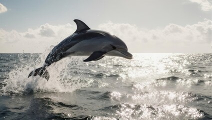 Fototapeta premium Dolphin leaping out of the ocean water during daytime.