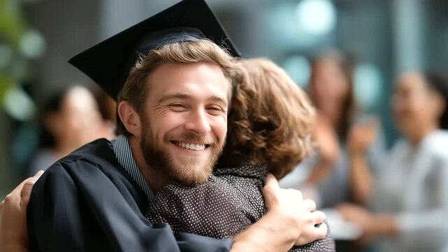 Faceless young man in graduation gown and cap hugging parents defocused graduation ceremony background family celebration academic achievement proud moment commencement