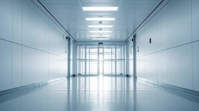 A sterile, bright hospital hallway with automatic doors and a shiny, reflective floor.