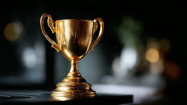 Golden trophy on black background faceless success symbol slightly defocused business competition achievement sport award ceremony concept elegant professional visualization