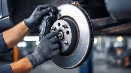 Professional mechanic's gloved hands working on servicing a car's brake system, inspecting disc and caliper components