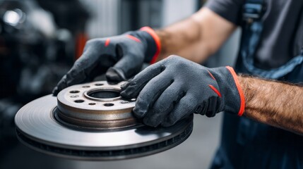 Auto mechanic inspecting new brake disc, showing car maintenance service and repair process at automotive garage