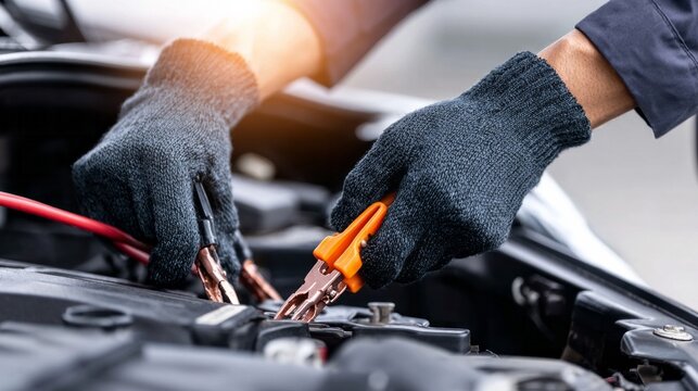 Mechanic wearing gloves connecting jumper cables to a car battery for emergency starting or automotive repair