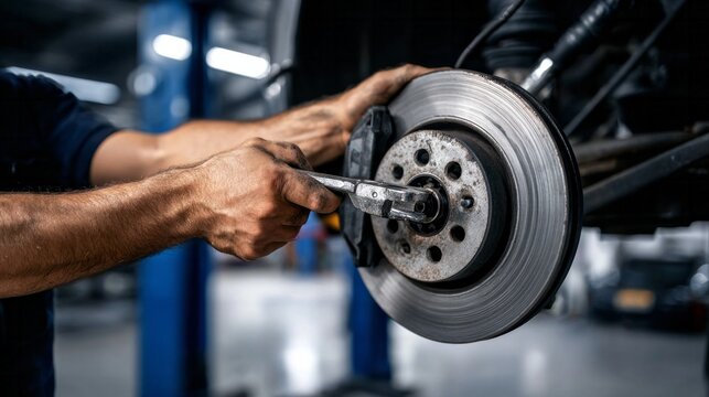 Mechanic performing car brake disc replacement and repair in automotive workshop, providing vehicle maintenance service