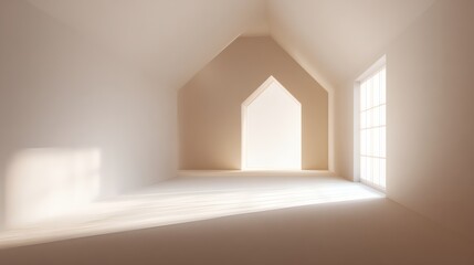 Empty attic room with arched window sunlight beam minimal interior design