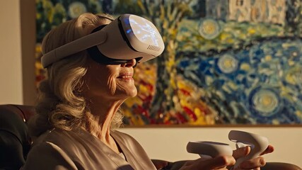 Senior Woman Immersed in Virtual Reality - A Glimpse into the Future of Entertainment.